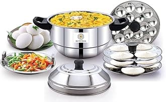 All In One Idly Pot Idli Maker Stainless Steel Makes 12 Idly At Once With 1 Steamer Plate For Momos, Dhoklas And 1 Mini Idly Plate. Gas Stove & Induction Compatible