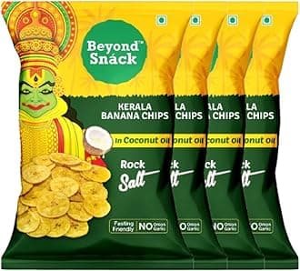Beyond Snack Nendran Kerala Banana Chips | Made with 100% Coconut Oil & Rock Salt | Fasting special | Thin Cruchy Crispy Snack |320g (80g * 4packs)