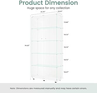 Beauty4U Glass Display Cabinet with 5 Shelves, Curio Cabinets for Living Room, Bedroom, Office, White Floor Standing Glass Bookshelf, Quick Installation