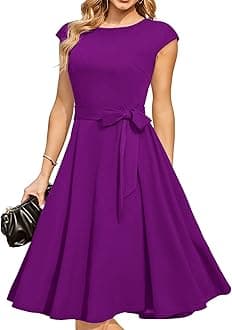 DRESSTELLSWomen's Vintage Homecoming Tea Dress Cocktail Party Swing Dress with Cap-Sleeves Purple XS