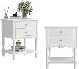 Homsee Set of 2 Vintage Wooden Nightstand with 2 Drawers and Bottom Shelf, Elegant Bedside Table End Side Table for Bedroom, Living Room, White (19.7”W x 16.9”D x 25.2”H)