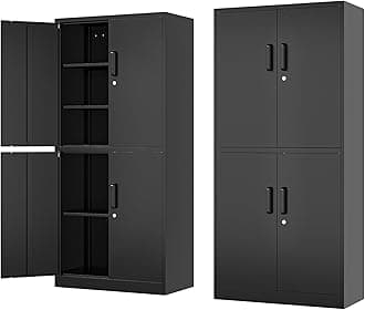 71” Metal Storage Cabinet-Lockable File Garage Tool Cabinets with Doors and Shelves-Tall Black Steel Cabinet for Garage-Heavy Duty File Storage for Office, Gym, School