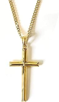 24K Gold Chain Style Cross Pendant Necklace Strong Clasp for MEN 24ct 3MM Thin for Charms Miami Cuban Link Diamond Cut Religious Beveled Edge