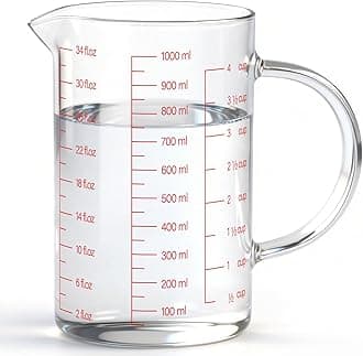 34OZ/1000ML Glass Measuring Cup, 4 Cup Glass Measuring Cups With 3 Scales (Ml/Oz/Cup), High Borosilicate Measuring Cup With Handle and V-Shaped Spout, Dishwasher/Freezer/Microwave Safe