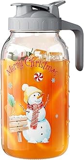 Christmas Elements 64 oz Glass Pitcher with Lid, Heavy Duty Wide Mouth Sun Tea Pitcher with Pour Spout, Mason Jar Airtight Seal for Freshness and Convenience, Great for Cold Beverages, Breast Milk