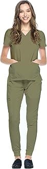 Dagacci Medical Uniform® Jogger Scrubs for Women Set – V-Neck Scrub Top & Elastic Jogger Scrub Pants for Women 8 Pockets