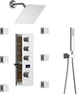 Digital Tempreature Display Full Body Shower System Wall Mounted 8 Inch Rain Shower System with 6 PCS Body Jets, Handheld Spray, Chrome Shower Fixtures