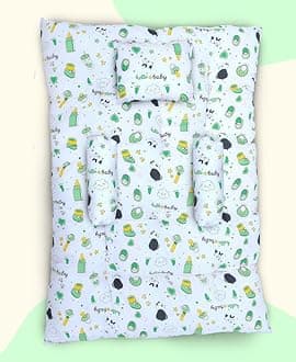 Baby Sleeping Mattress Set Cotton with Bolsters & Pillow, for 0-12 Month Newborns-Unisex (Panda Green)