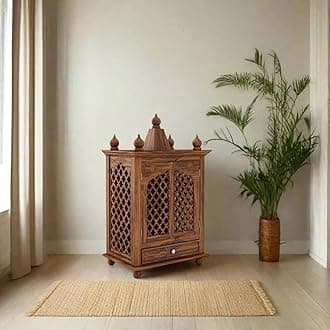DEMIWALL Solid Wooden Pooja Temple | Puja Mandir with Carving Doors and Drawers for Storage | Pooja Stand | Mandap for Living Room, Pooja ghar | Brown Finish