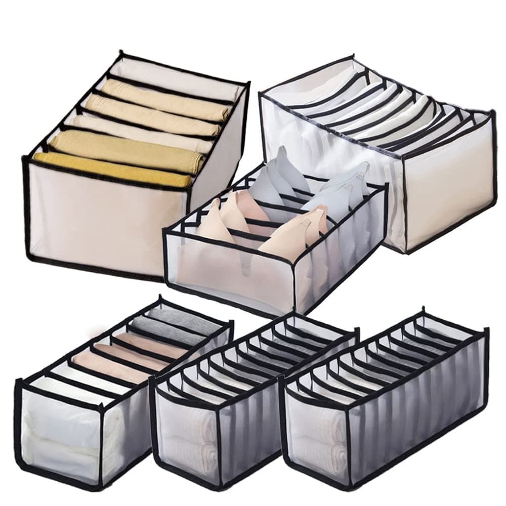 HSLFUAI Pack of 6 Wardrobe Clothes Organizer, Transparent Mesh Drawer Clothes Storage for Bra, Underwear, Sock, Pant, Jean, T-shirt, Legging, Scarves