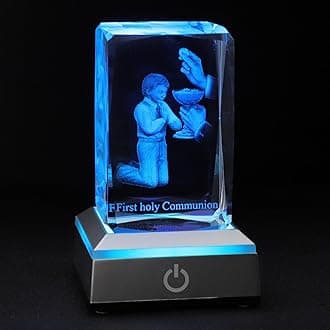 KOMI First Communion Gifts for Boys, 3D Crystal Statue with LED Light Base, Catholic Religious Gifts for Kids with Gifts Box, Night Light for Bedroom, Christian Catholic Home Decor