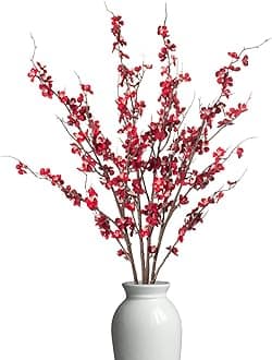 Ammyoo 4 PCS Artificial Plum Blossom Party Decorations Fake Cherry Flowers Faux Long Stems Wintersweets Silk Flowers Arrangement for Wedding Home Office Bedroom Decor(Red)