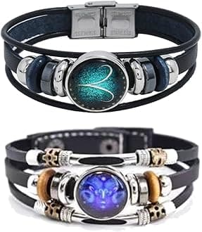 2Pcs Multilayer Constellation Zodiac Leather Bracelet Handmade Woven Zodiac Sign Wrap Bracelet Wristband for Women Men Jewelry Birthday Gift