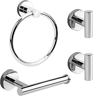 4-Piece Polished Chrome Bathroom Hardware Set - Toilet Paper Holder and Hand Towel Holder, Towel Ring Wall Mounted, Stainless Steel Accessories Set - Silver