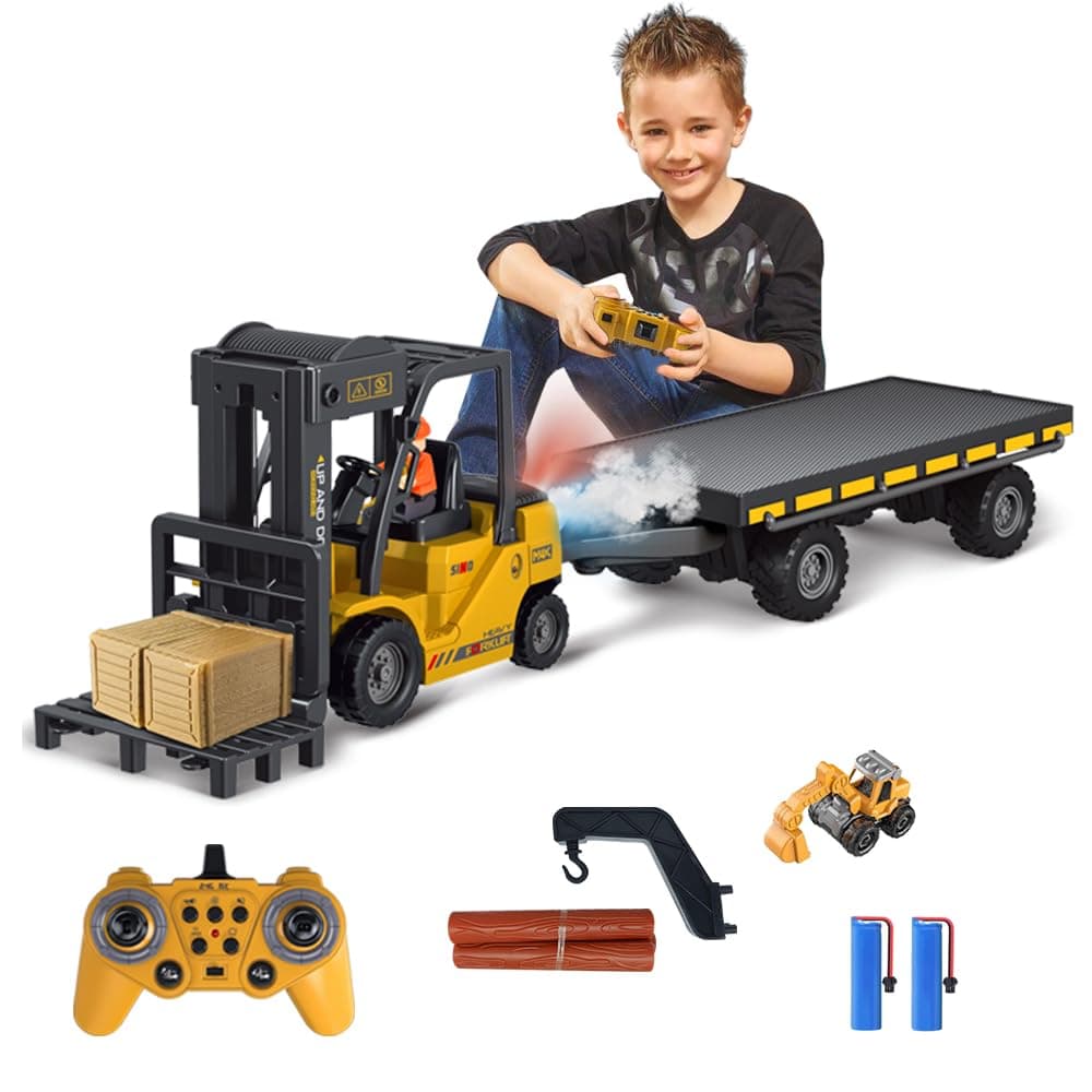 Remote Control Forklift with Flatbed Truck, 11 Channel RC Forklifts with Spray, Cool Lights & Sound, 2 in 1 Lift Fork & Hook, Crane Construction Toys for Boys, Birthday Gift for Kids 3+