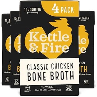 Kettle & Fire Chicken Bone Broth Soup by and Pack of 4, Keto Diet, Paleo Friendly, Whole 30 Approved, Gluten Free, with Collagen, 10g of protein,16.9 Oz (Pack of 4)