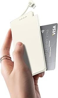 Auskang 5000mAh Power Bank with built-in Charging Cable, Ultra Slim and Super Lightweight Portable Charger Small External Battery, Compatible with iphone (Excluding iPhone 15 series)- White