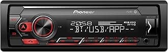 PIONEER 1-DIN receiver with Bluetooth, Red/White illumination, USB/3.5mm Jack, Spotify, Pioneer Smart Sync App and compatible with Apple and Android devices, Red/Black, MVH-S420BT