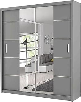 Oslo 150cm Grey Sliding Wardrobe with LED Lighting, Mirrored Doors, Adjustable Shelving, Contemporary Design(Grey, 150)