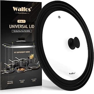 Walfos Universal Lid for Pots, Pans and Skillets - Tempered Glass Pan Lid with Heat Resistant Silicone Rim, Multi-purpose BPA Free Pot Lids Fits 8", 9" & 9.5" Diameter Cookware, Dishwasher-Safe, Black