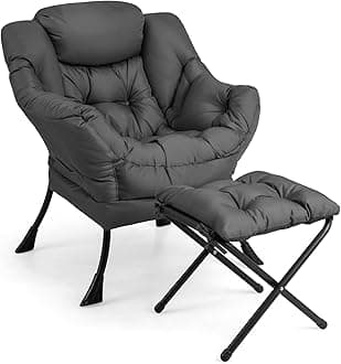Lazy Chair with Ottoman, Accent Sofa Chair with Folding Footrest, Side Storage Pocket, Upholstered Leisure Lounge Armchair with Stool for Bedroom, Living Room, Office, Gray