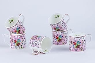GOLDEN QUEEN'S Handcrafted Floral Tea Cups - Set of 6 | Microwave Safe | Perfect for Daily Use, Elevate Your Tea and Coffee Experience - Heritage Birds in Pink