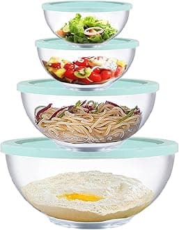 Homwin Glass Mixing Bowls with Lids Set, 8 Pieces Glass Salad Bowl Set with Lids(0.5L, 1.0L, 2.0L, 3.5L), High Brosilicate Microwave Bowls for Kitchen Baking, Prepping Serving and Storage