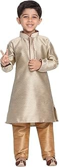 JBN Creation Boys' Full Sleeve Silk Blend Kurta Pyjama Set with Mandarin Collar, Featuring Ethnic Motifs, Self-Design, and Embellishments - Perfect for Festivals and Special Occasions