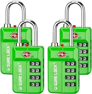 SURE LOCK TSA Approved 4-Digit Resettable Combination Luggage Locks with Open Alert, Easy-Read Dials - for Luggage, School Lockers, Gym, Office, Toolbox & Security Cases(Green 4 Pack)