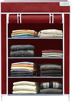 FLIPZON | 4 Shelves Baby Foldable Wardrobe | Multipurpose Storage Rack with Dustproof Zip Cover (Iron and Non Woven Fabric) Maroon