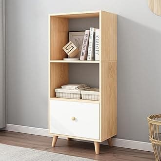 IOTXY Open Shelf Cube Bookcase - 47" Tall Mid-Century Large Bookshelf with Drawer and Deepen Display Storage Cabinet for Home Office, Oak