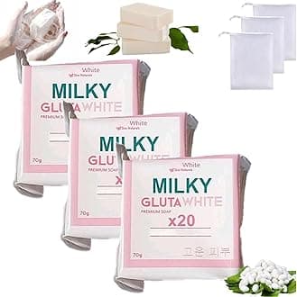 Milky Gluta White Soap 20x, Milky Gluta White Soap, MilkyGluta Whites Bar Soap, Glutamilk 𝐖𝐡𝐢𝐭𝐞𝐧𝐢𝐧𝐠 Soaps, Glutamilk Premium Soaps for Face & Body, Deep Cleanse, Exfoliate (1, 3pcs)