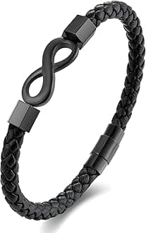 DeerlliaInfinity Leather Bracelet for Men, Braided Mens Cuff Bracelets with Stainless Steel Clasp Anniversary Father's Day Birthday Christmas Jewelry Gifts for Him