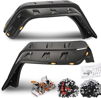 G-PLUS Fender Flares with LED Light Side Maker, Compatible with Jeep JK Wrangler 2/4 Door Model 2007-2018, Unlimited, Rubicon Unlimited, Pocket Rivet Style Smooth Black 4pcs