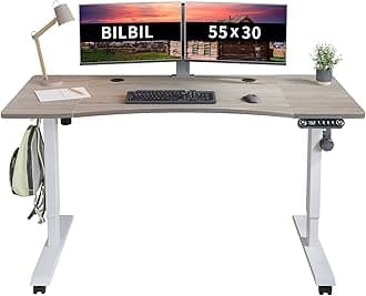 bilbil Electric Standing Desk 55 x 30 Inches, Height Adjustable Sit Stand Desk with Splice Board, Casters with Brake, White Frame/Oak and White Top
