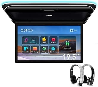 XTRONS Android Car Overhead Player 19.5 Inch Wide IPS Screen 8K Video Car Roof Mount Monitor Built-in Stereo Speakers Flip Down Overhead Car Monitor Support HDMI, USB, 2 IR Headphones Included (B & W)