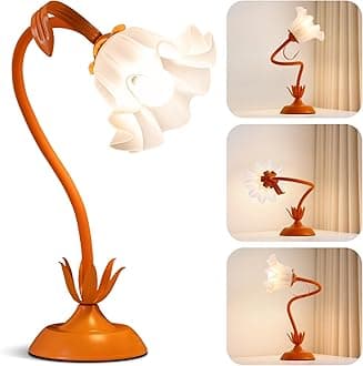 Flower Table Lamp, LED Reading Light Vintage Bedside Table Lamp with 3 Color Modes for Nightstand, Kawaii Decoration for Home Bedroom Living Room (Orange)