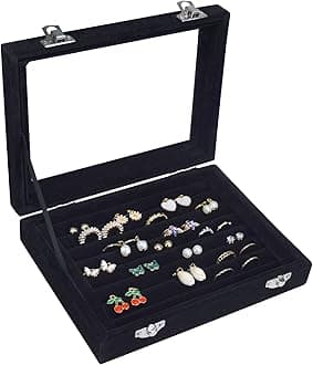 Rings Organizer Tray 7 Slots Velvet Jewelry Earring Storage Box with Transparent lid Jewelry Display Case for Girls Wife Mom Women (Black)
