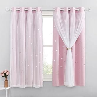 NICETOWN Blackout Pink Curtains - Stars Cut Out for Kids Nursery, Girls Room, Thermal Drapery with Eyelet, 2 Panels, W34 x L63 Inch (86x160 cm), Pink