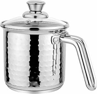 Prabha Stainless Steel Milk Pot With Handle 11cm 1.1 Litre | Hammered Milk Boiler Glass Lid Steam Vent | Tea Container Water Boiling | Coffee/Milk Warmer, Even & Faster Heating | Induction & Gas Stove