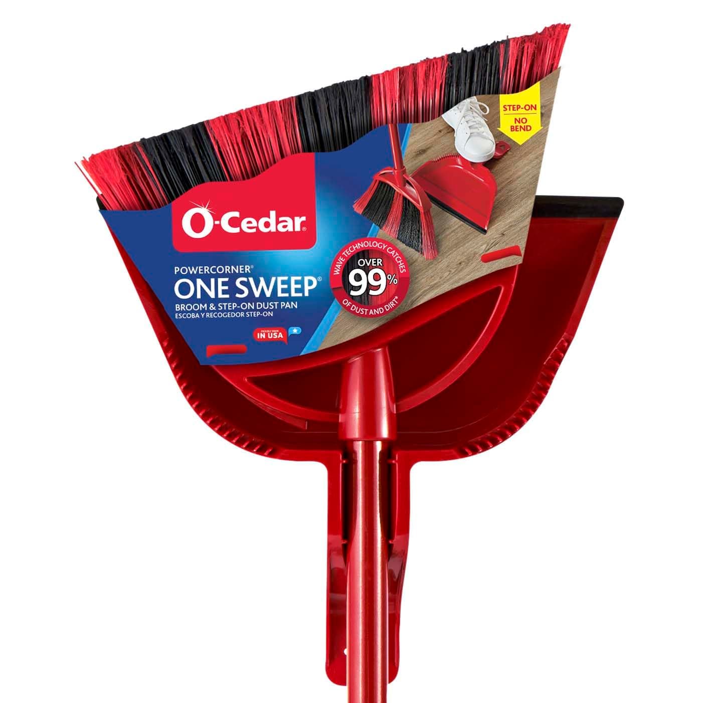 Plastic One Sweep Hard Floor Broom with Step-On Dustpan | Remove 99% with One Sweep | Lightweight Quiet Cleaning Tool | Ideal for Pet Owners, Red