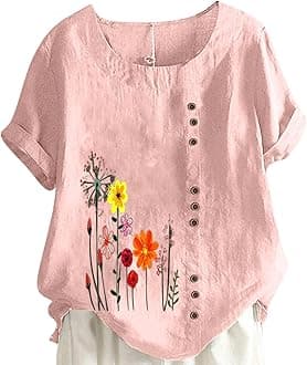 Women Floral Print Linen Shirts Short Sleeve Gauze Tops Loose Fit Cotton Blouses Trendy 2024 Clothing