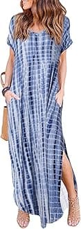 Women's Summer Maxi Dress Casual Loose Pockets Long Dress Short Sleeve Split Maxi Dresses
