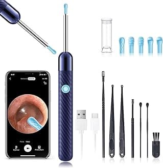 Ear Wax Removal - Earwax Remover Tool with 8 Pcs Ear Set - Ear Canal Cleaner with 1080P Camera - Ear Cleaning Kit with 6 Ear Spoon - Ear Camera for iOS & Android (Navy Blue)
