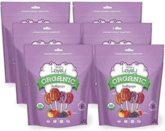 Lovely Candy Co. Organic Lollipops, Individually Wrapped, 7oz (6-Pack), Vegan, Gluten-Free, Non-GMO, NO Artificial Colors or Flavors, Mango, Strawberry, Grape & Pomegranate