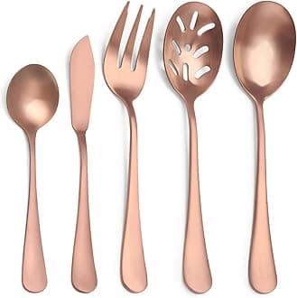Matte Rose Gold Serving Set，SHARECOOK 5-Piece 18/0 Stainless Steel Large Hostess Set with Round Edge, Satin Finished, Dishwasher Safe -Spoons, Forks,Butter Knife& Slotted Spoon