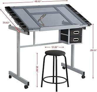 Portable Drafting Table, Adjustable Drawing Desk with Glass Table Top, 4 Wheels, Storage, Ideal Craft Table for Adults, Diamond Art, Painting, Architecture Supplies (Silver)