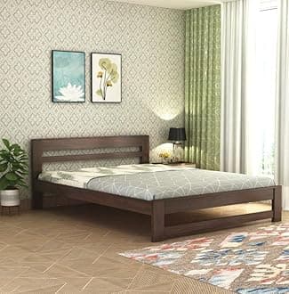 Wooden King Size Bed Without Storage | Wooden Double Bed Cot Bed for Bedroom Furniture | Palang Double Bed for Hotels | Solid Sheesham Wood | Walnut Finish