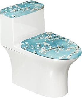 Blue Floral Toilet Lid Dust Cover & Toilet Tank Lid Cover for Bathroom Machine Washable Anti-Slip with Elastic Edge