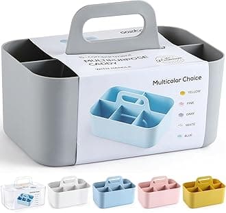 Multiuse Caddy Organizer with Handle - Stackable Plastic Tote Bin - Art Craft Supplies, Office, Desk, Stationery Pen Holder, Kitchen, Utensil, Makeup, Bathroom, Shower, Cleaning, Dorm Organizer - Grey